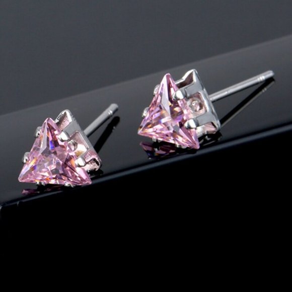 Prom Pageant Bridal Jewelry - Pink Trillion Cut CZ Studs
